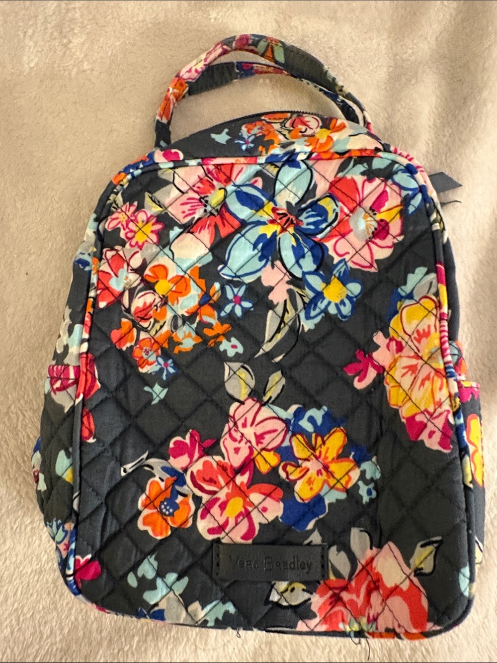 Vera Bradley Floral Quilted Lunch Bag in Dark blue with Multicolor Blooms